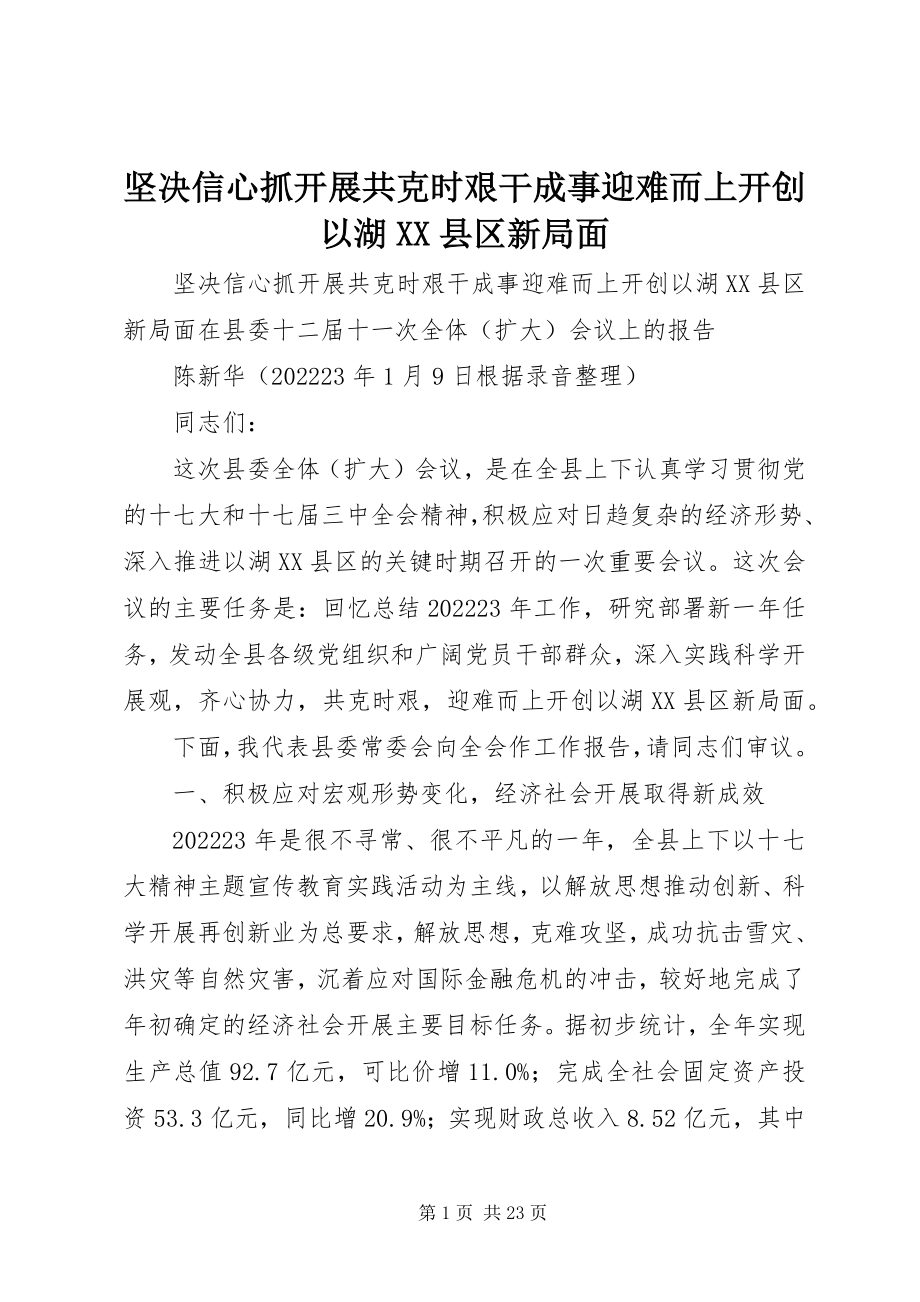 2023年坚定信心抓发展共克时艰干成事迎难而上开创以湖XX县区新局面.docx_第1页