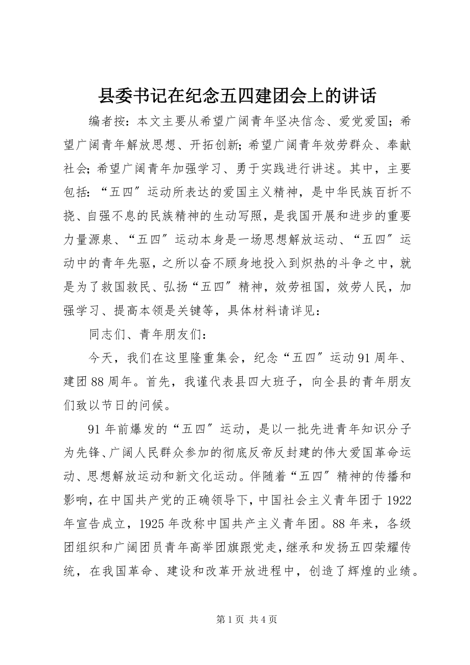 2023年县委书记在纪念五四建团会上的致辞.docx_第1页