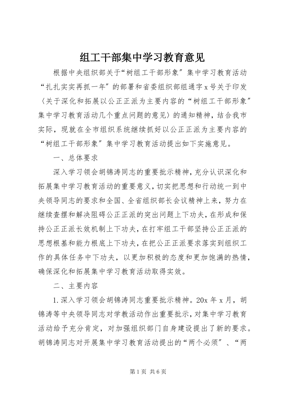 2023年组工干部集中学习教育意见.docx_第1页