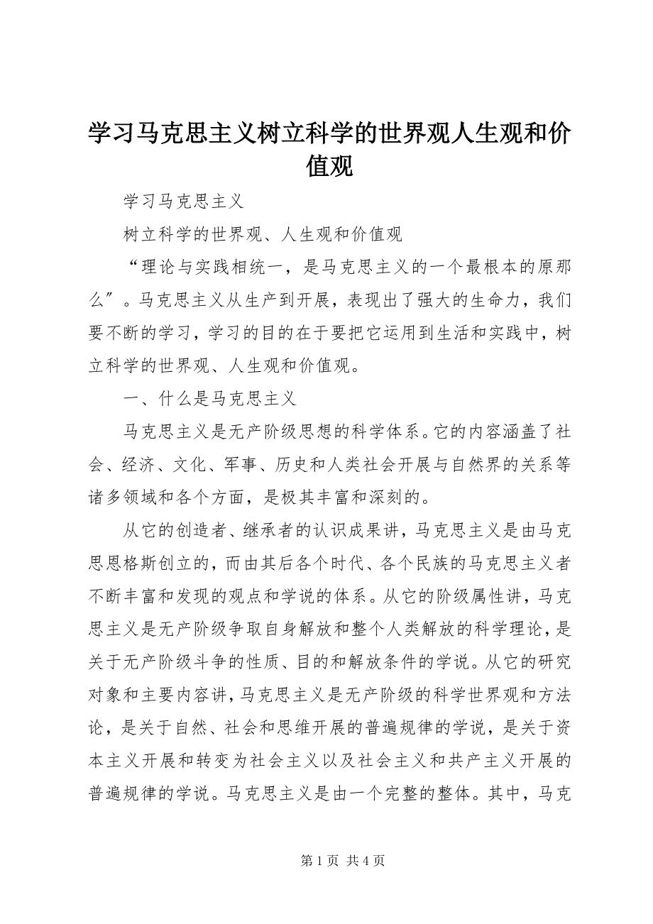 2023年学习马克思主义树立科学的世界观人生观和价值观.docx_第1页