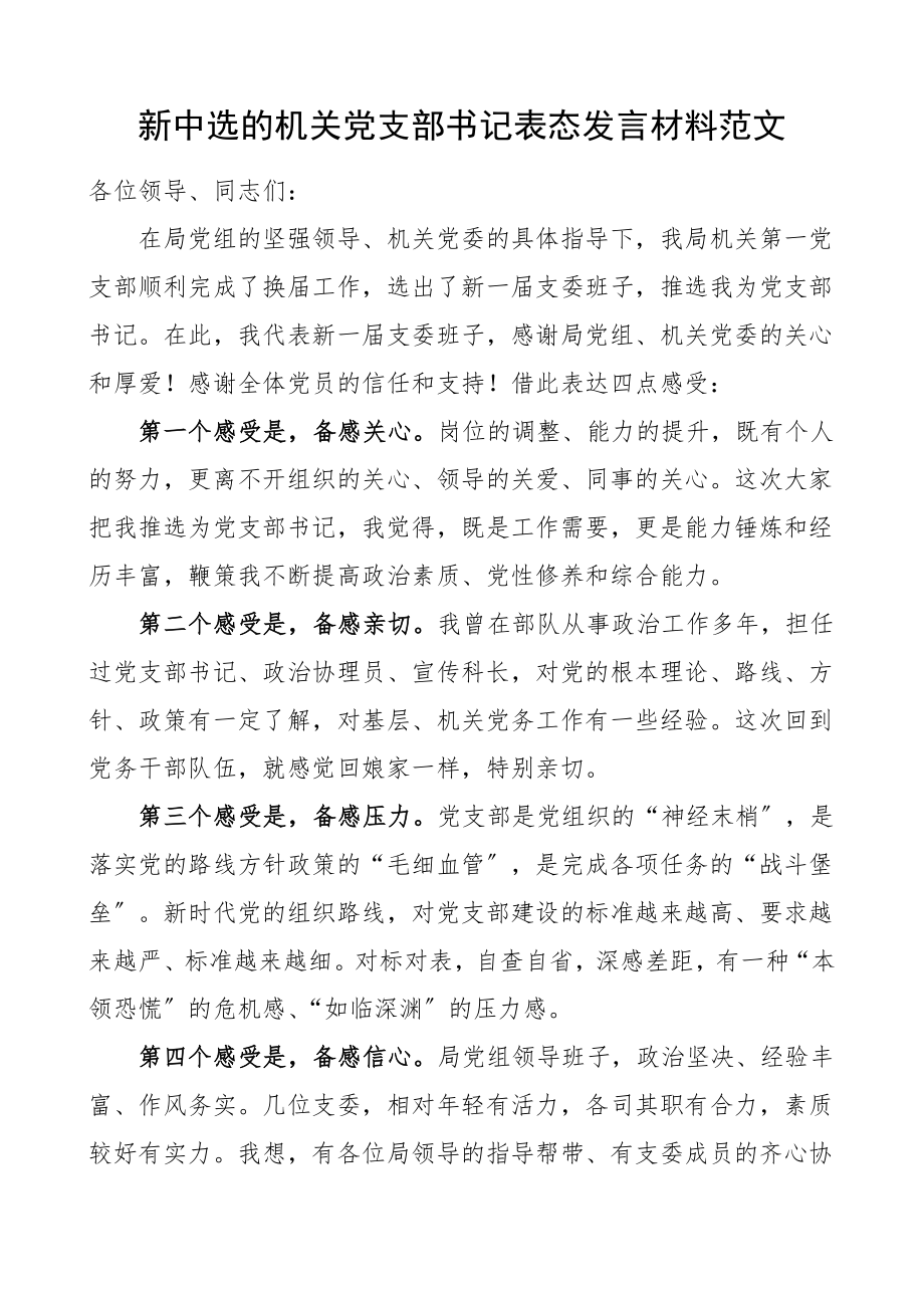 2023年新任职表态发言新当选的机关党支部书记表态发言材料文章.doc_第1页