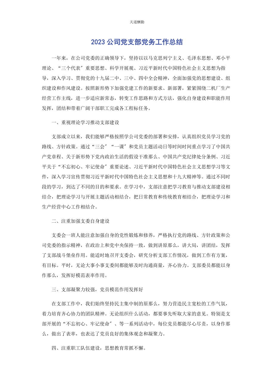 2023年公司党支部党务工作总结.docx_第1页