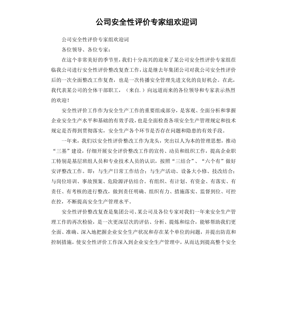 公司安全性评价专家组欢迎词.docx_第1页