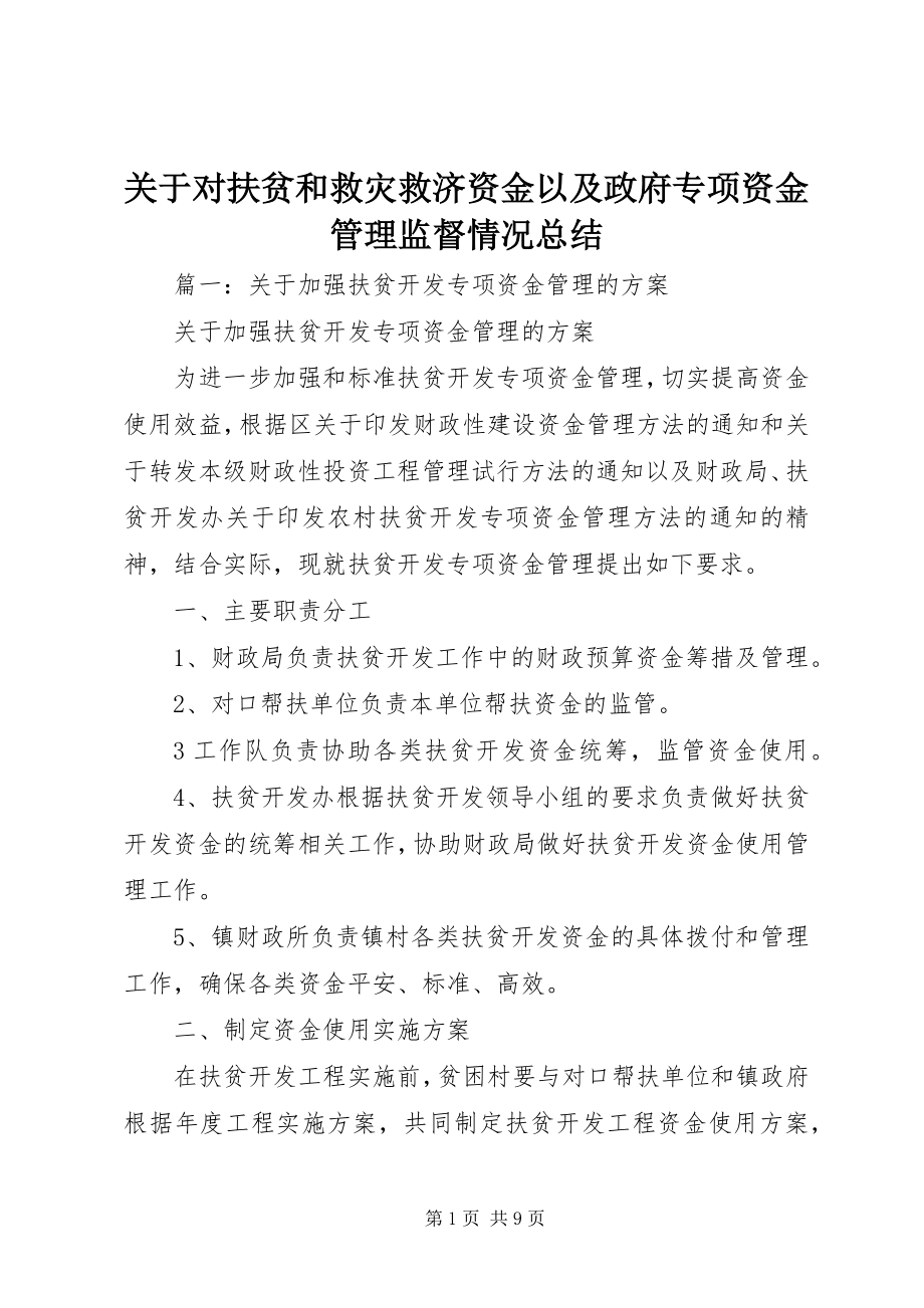 2023年对扶贫和救灾救济资金以及政府专项资金管理监督情况总结.docx_第1页