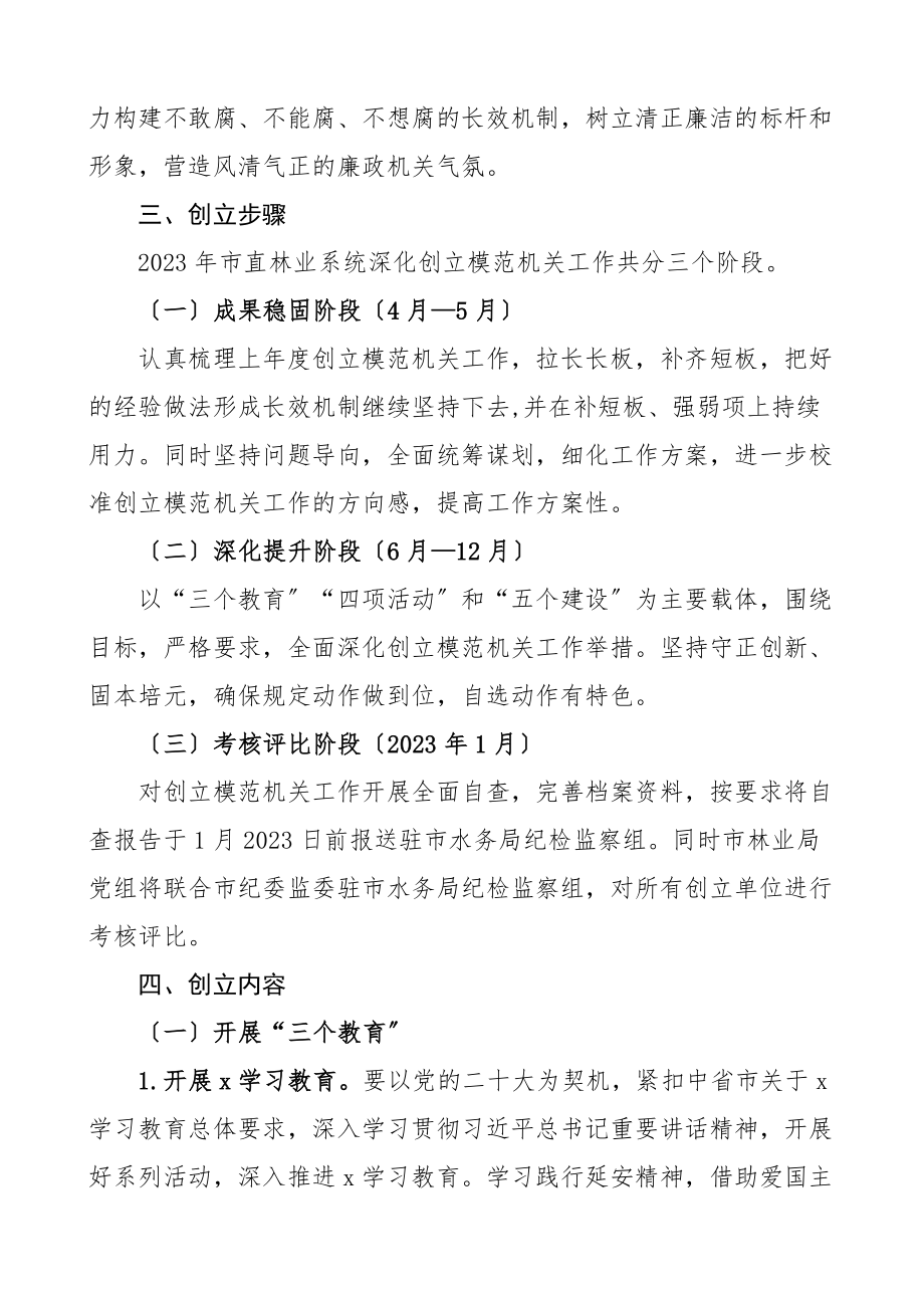 2023年深化创建模范机关工作实施方案2篇含林业系统林业局县纪委监委纪检监察机关争创活动范文.docx_第3页