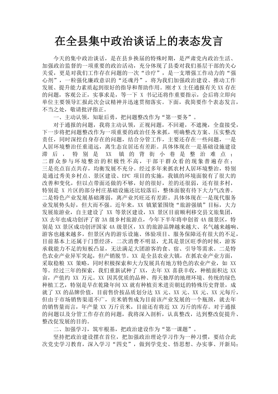 2023年在全县集中政治谈话上的表态发言.doc_第1页