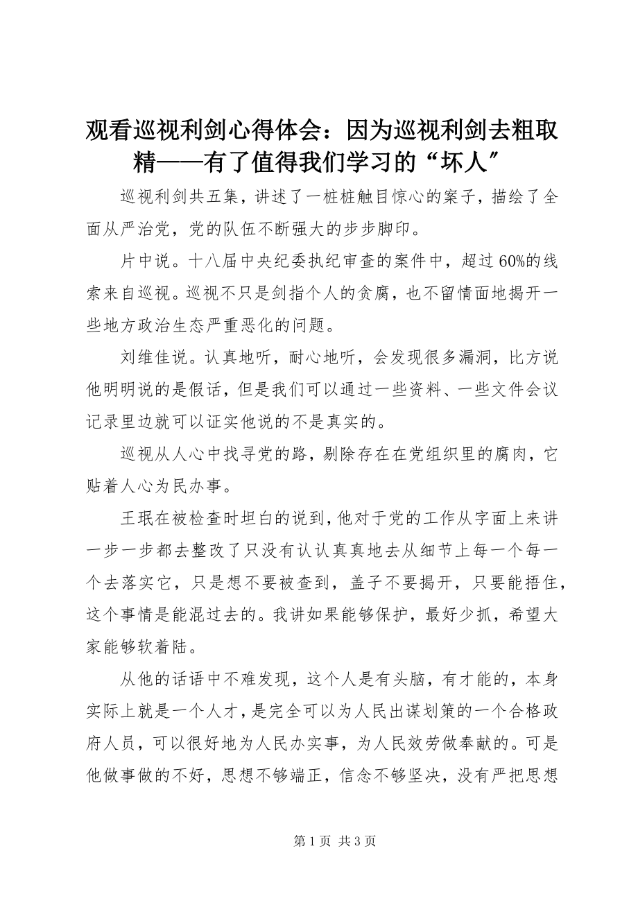 2023年观看《巡视利剑》心得体会因为巡视利剑去粗取精有了值得我们学习的“坏人”.docx_第1页