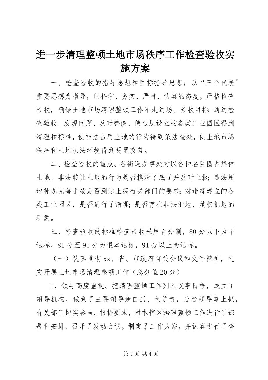 2023年进一步清理整顿土地市场秩序工作检查验收实施方案.docx_第1页