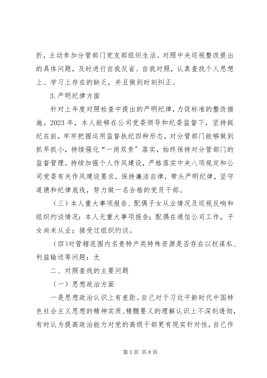 2023年集团公司分管副职民主生活会个人对照检查材料.docx_第3页