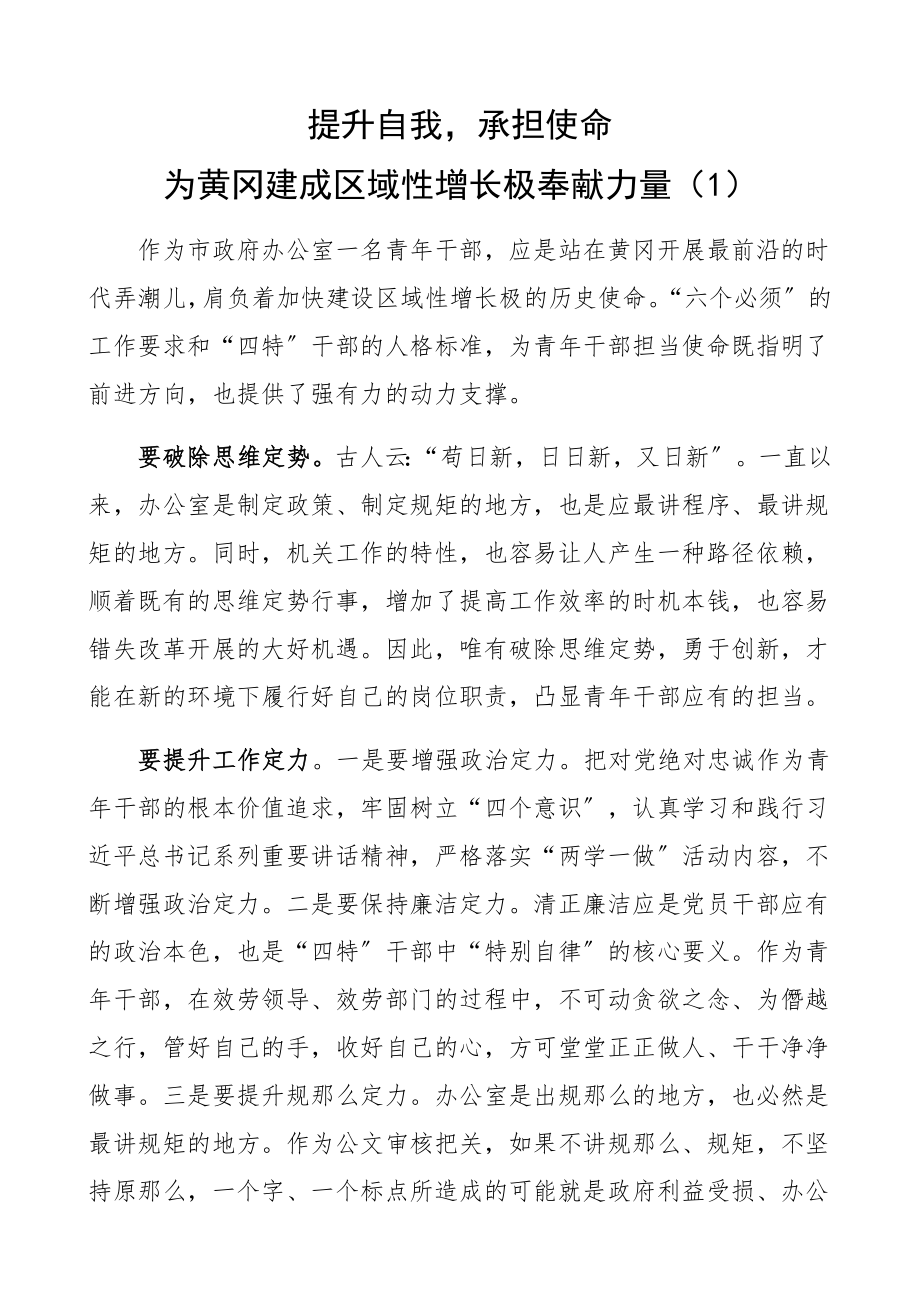 2023年政府办公室青年干部演讲稿、座谈会发言材料5篇年轻干部.docx_第1页