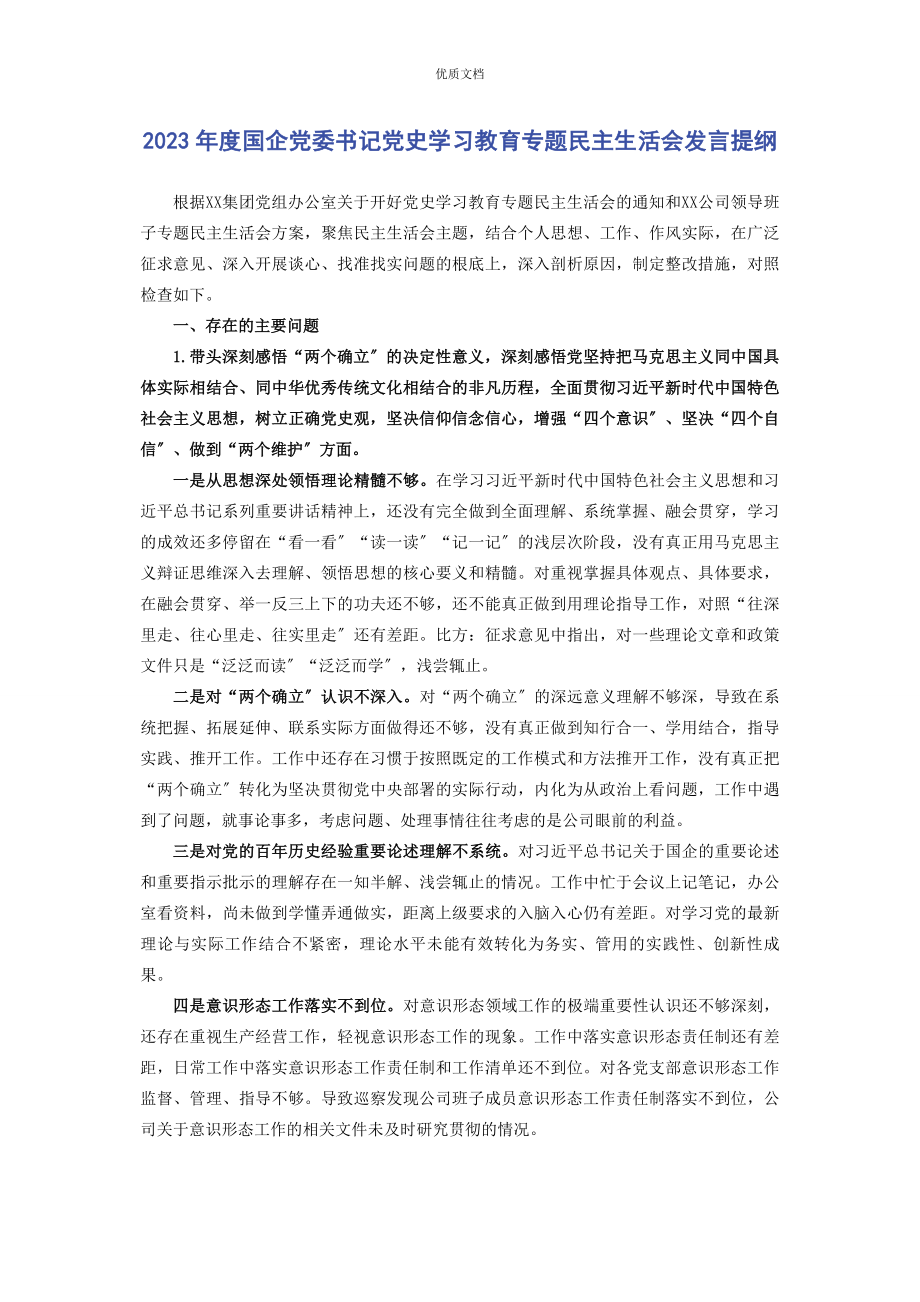 2023年度国企党委书记党史学习教育专题民主生活会发言提纲.docx_第1页