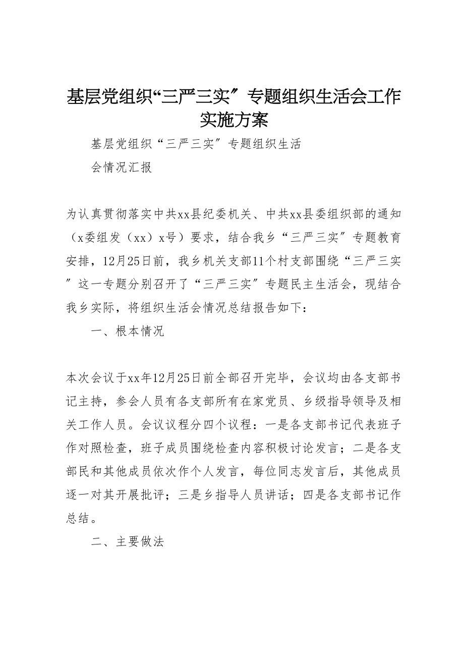 2023年基层党组织三严三实专题组织生活会工作实施方案 2.doc_第1页