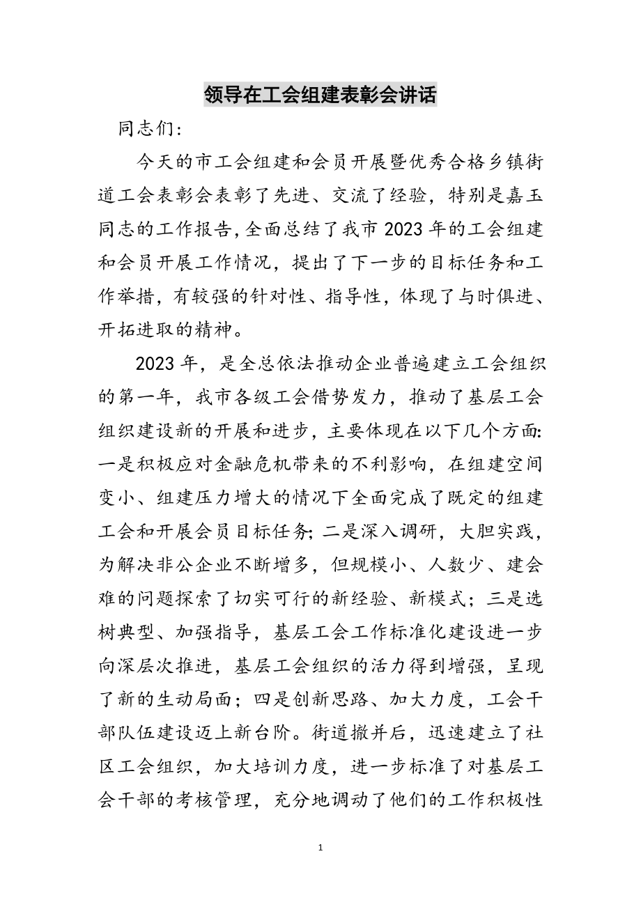 2023年领导在工会组建表彰会讲话范文.doc_第1页