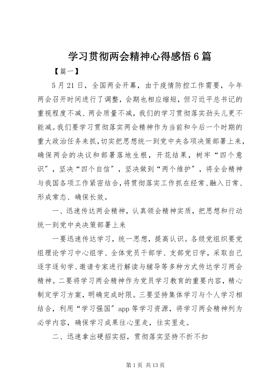 2023年学习贯彻两会精神心得感悟6篇.docx_第1页