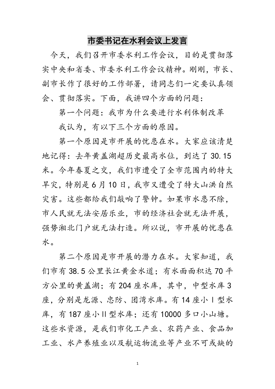 2023年市委书记在水利会议上发言范文.doc_第1页