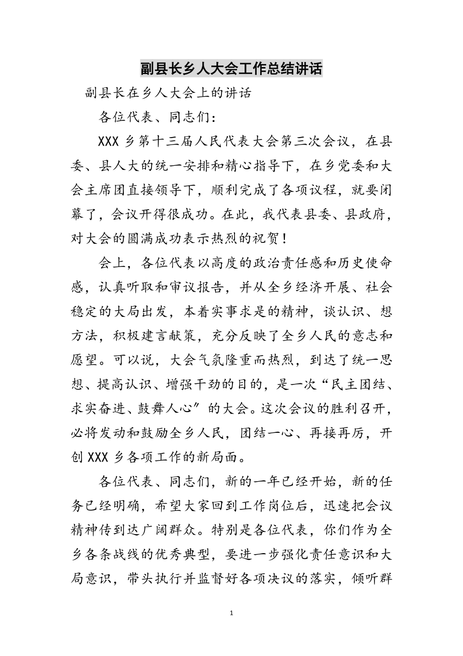 2023年副县长乡人大会工作总结讲话范文.doc_第1页