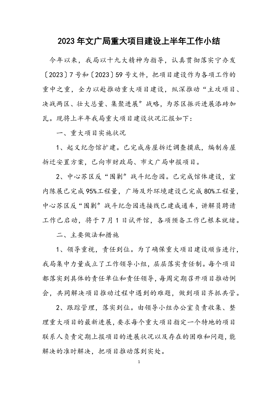 2023年文广局重大项目建设上半年工作小结.docx_第1页