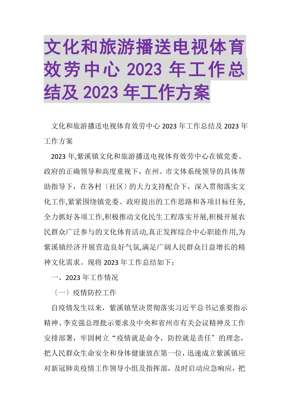 2023年文化和旅游广播电视体育服务中心工作总结及工作计划.doc_第1页