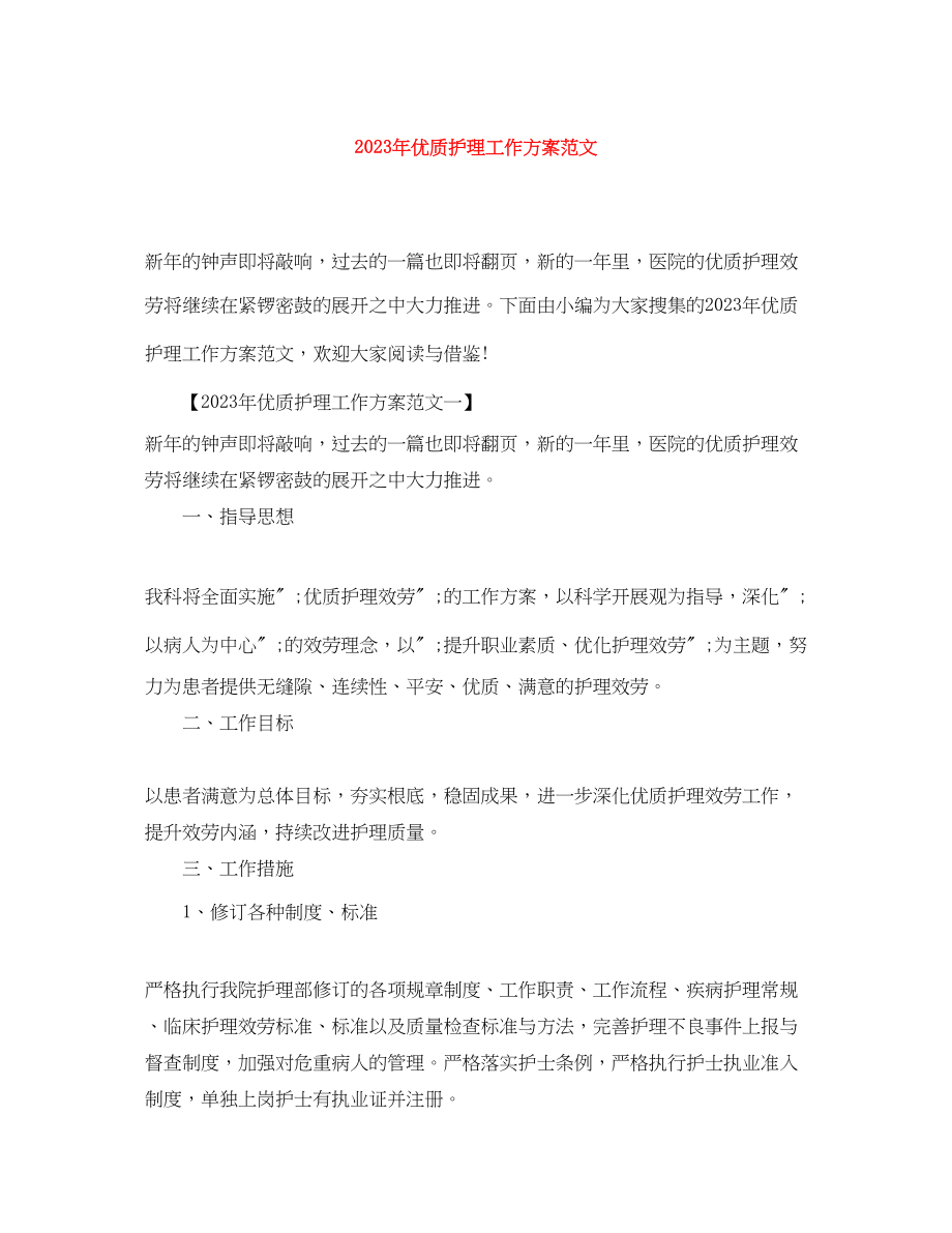 2023年优质护理工作计划 2.docx_第1页