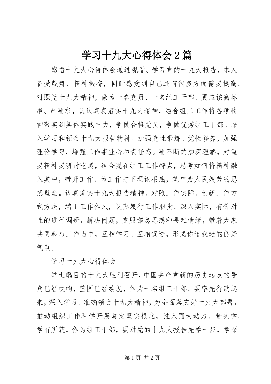 2023年学习十九大心得体会2篇.docx_第1页