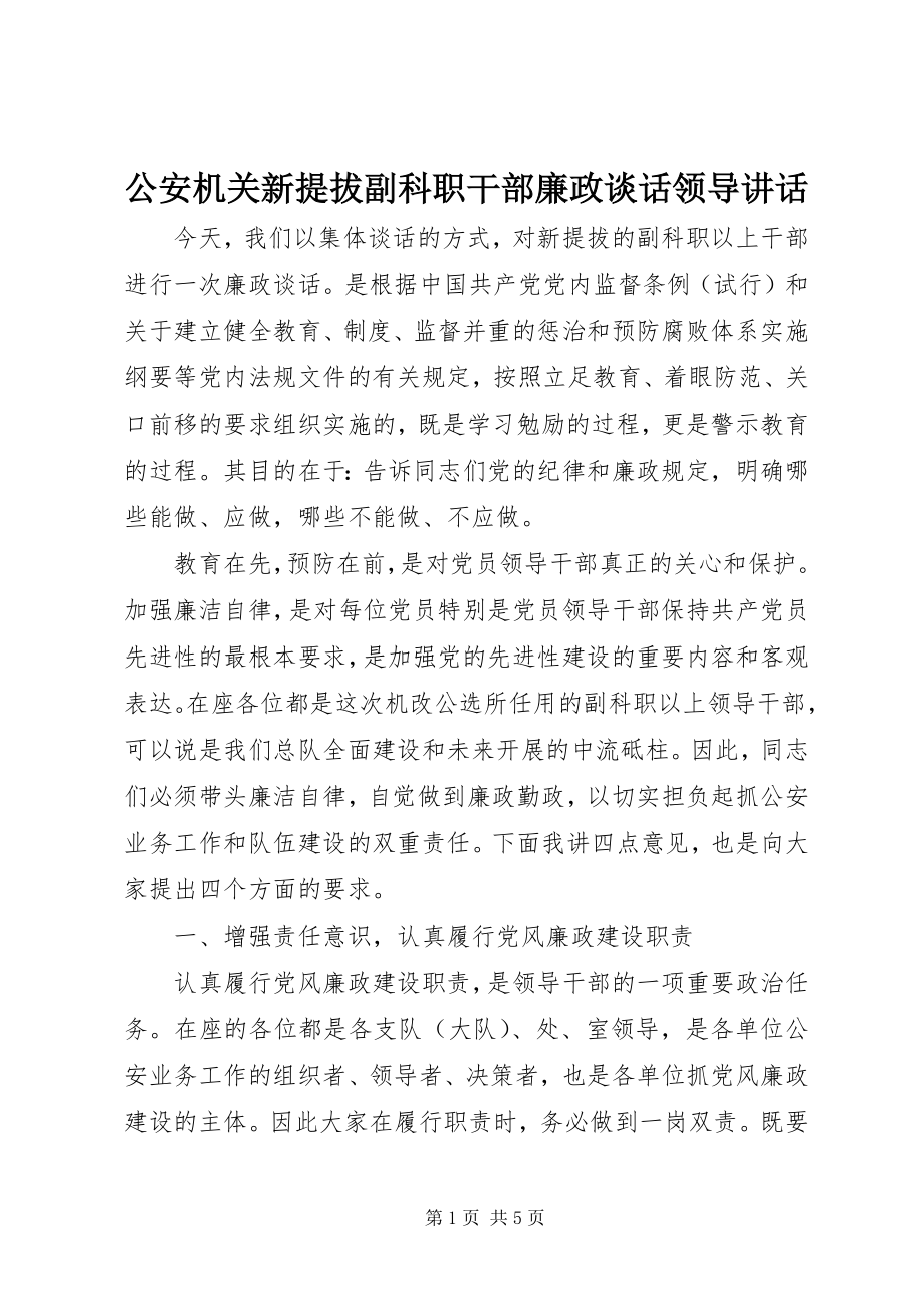 2023年公安机关新提拔副科职干部廉政谈话领导致辞.docx_第1页