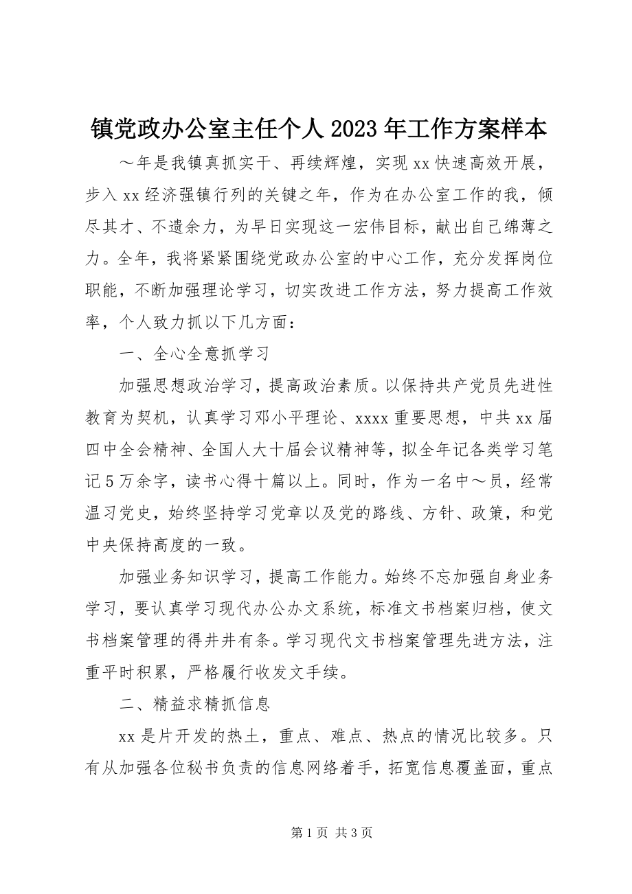 2023年镇党政办公室主任个人工作计划样本.docx_第1页