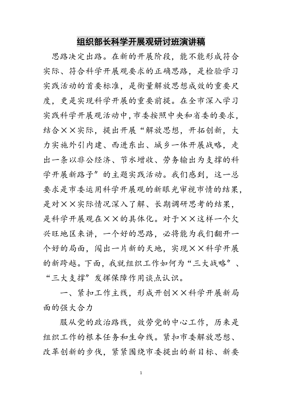 2023年组织部长科学发展观研讨班演讲稿范文.doc_第1页