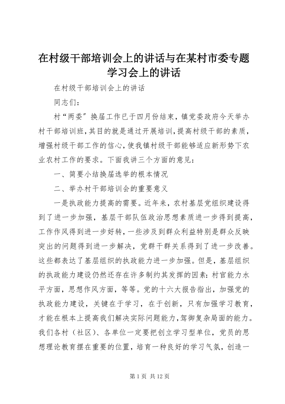 2023年在村级干部培训会上的致辞与在某村市委专题学习会上的致辞.docx_第1页