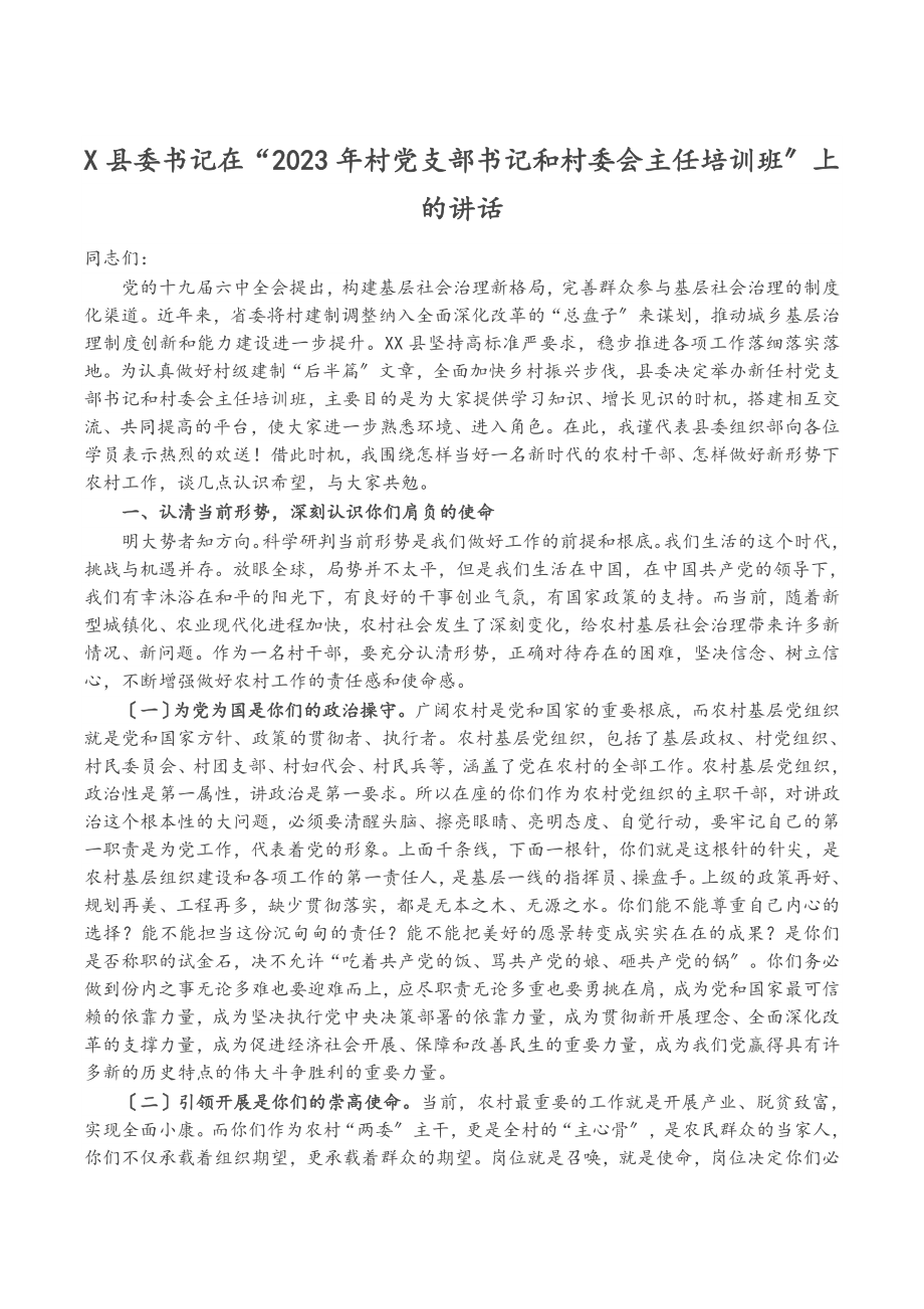 X县委书记在“2023年村党支部书记和村委会主任培训班”上的讲话.docx_第1页