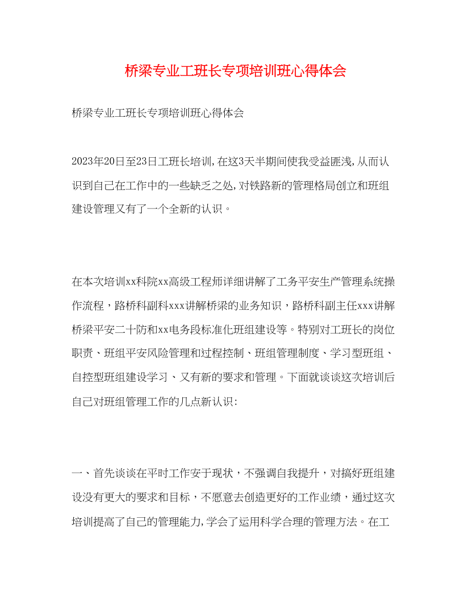 2023年桥梁专业工班长专项培训班心得体会.docx_第1页