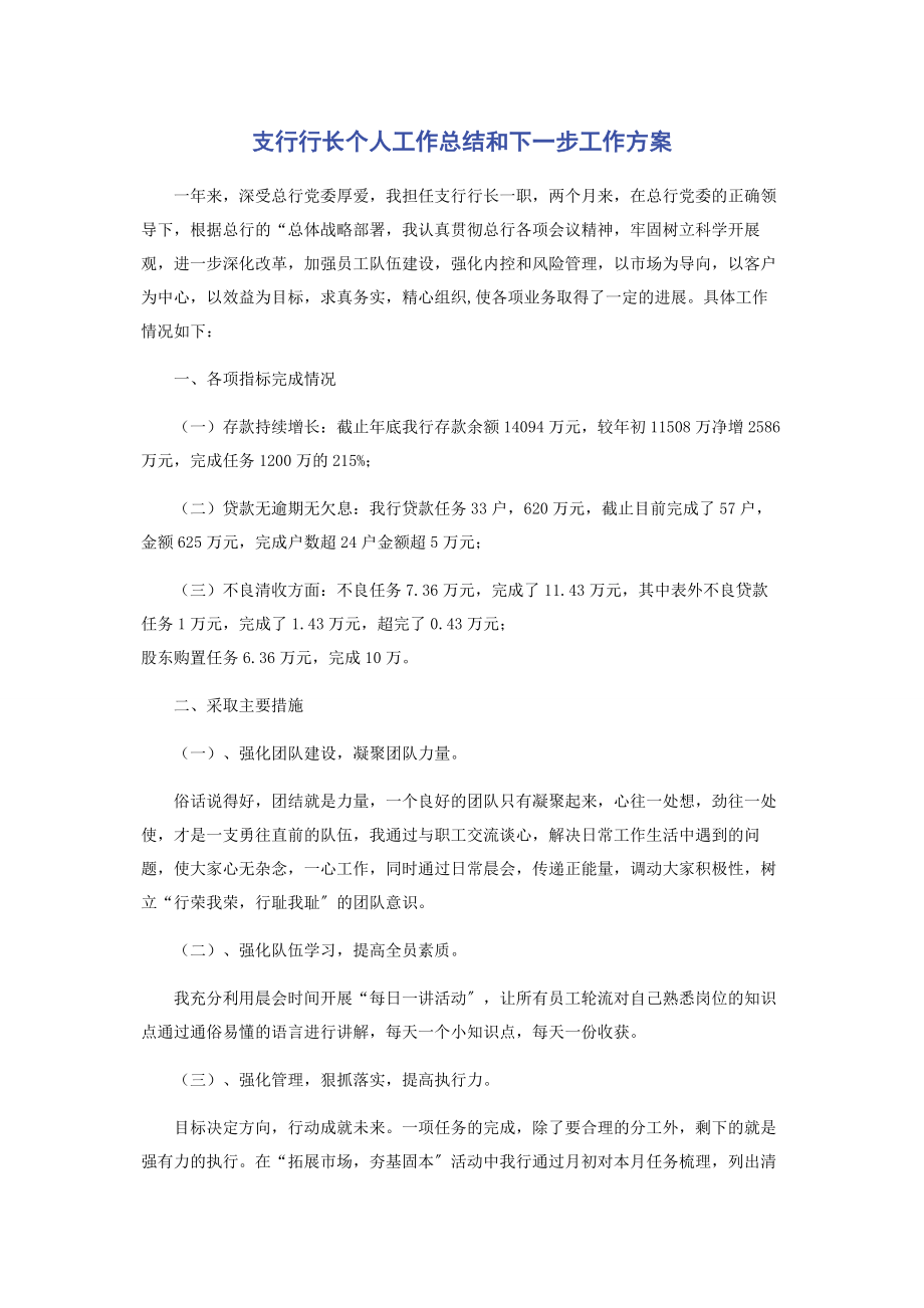 2023年支行行长个人工作总结和下一步工作计划.docx_第1页