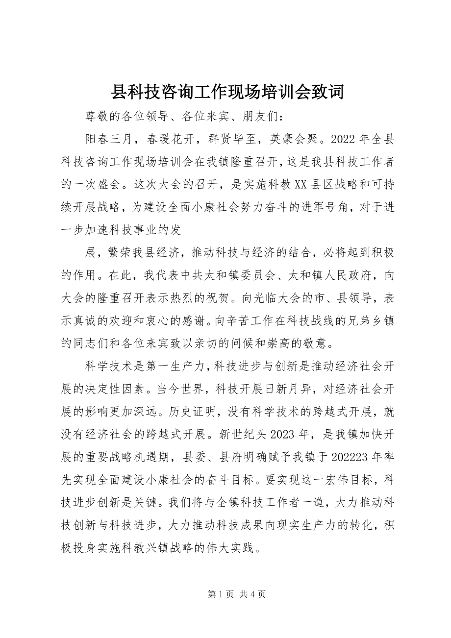 2023年县科技咨询工作现场培训会致词.docx_第1页