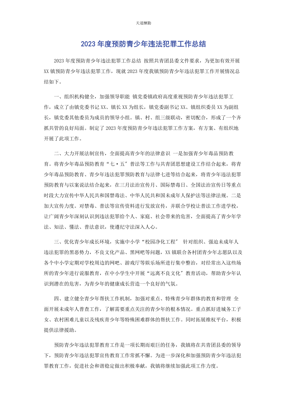 2023年度预防青少违法犯罪工作总结.docx_第1页