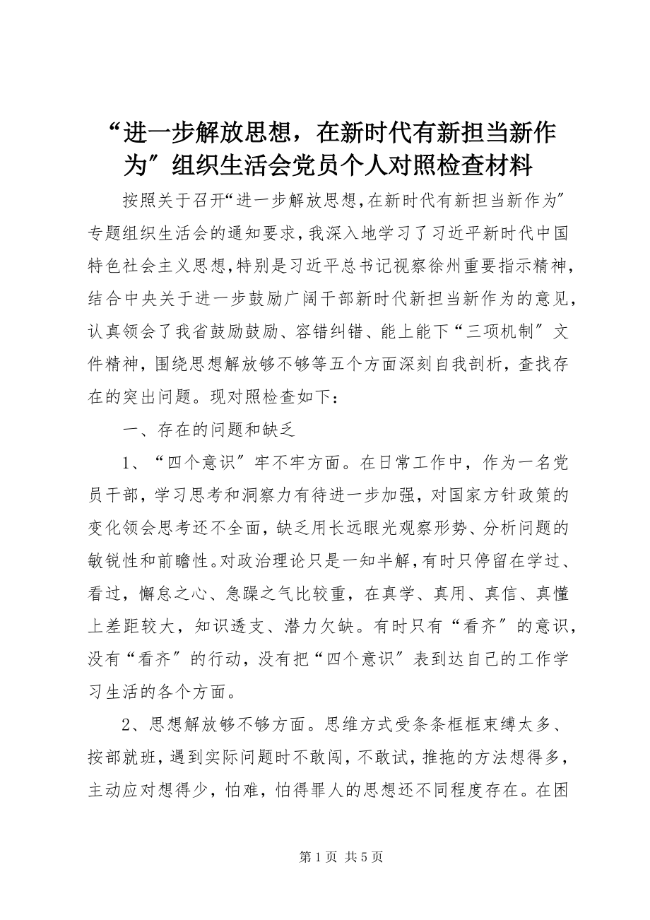 2023年“进一步解放思想在新时代有新担当新作为”组织生活会党员个人对照检查材料.docx_第1页