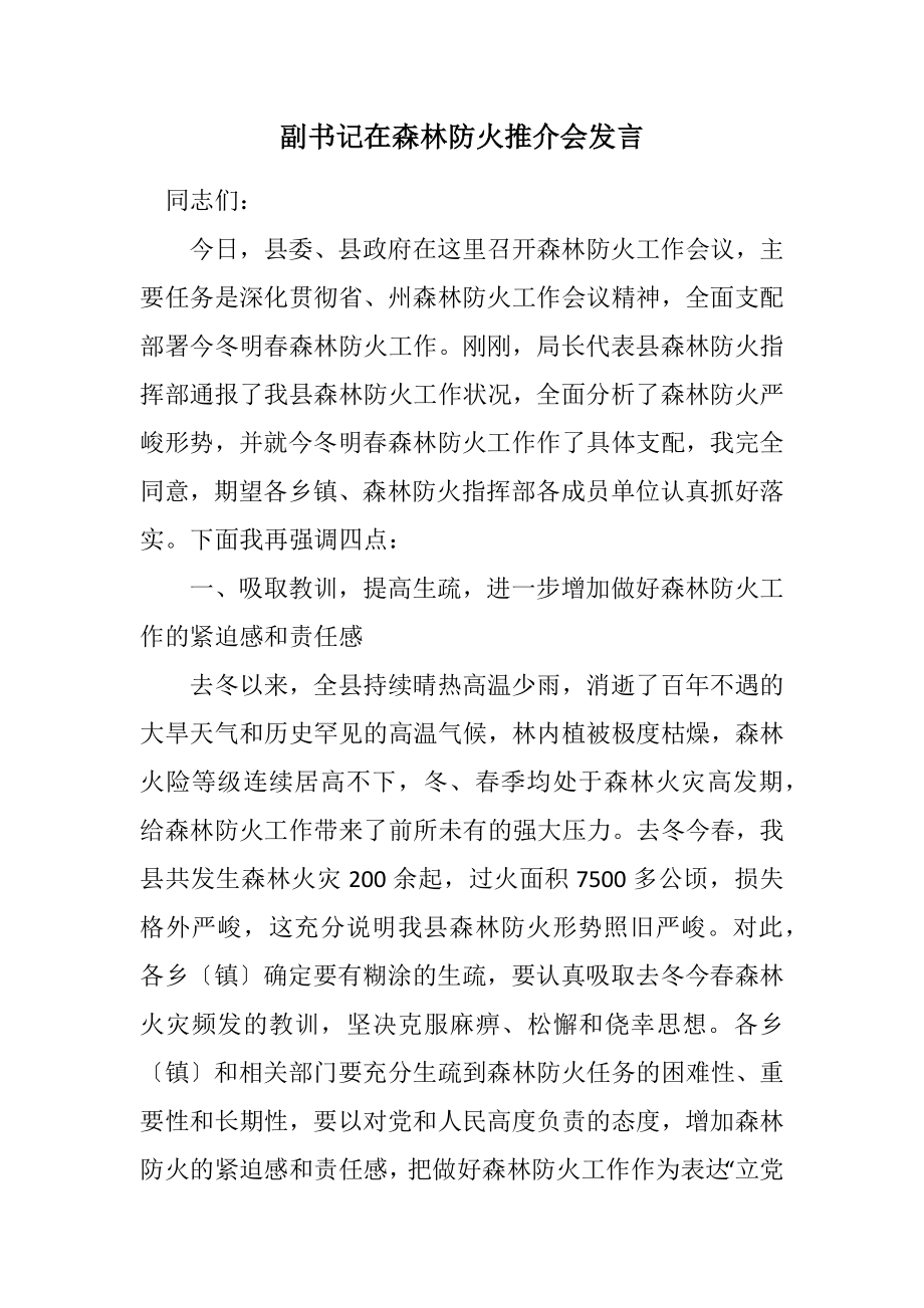 2023年副书记在森林防火推介会发言.docx_第1页