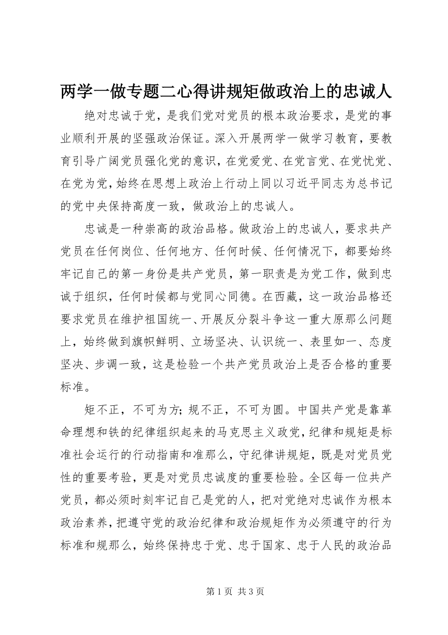 2023年两学一做专题二心得讲规矩做政治上的忠诚人.docx_第1页