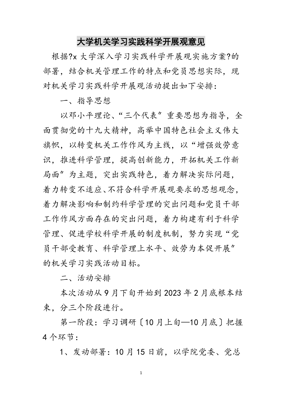 2023年大学机关学习实践科学发展观意见范文.doc_第1页