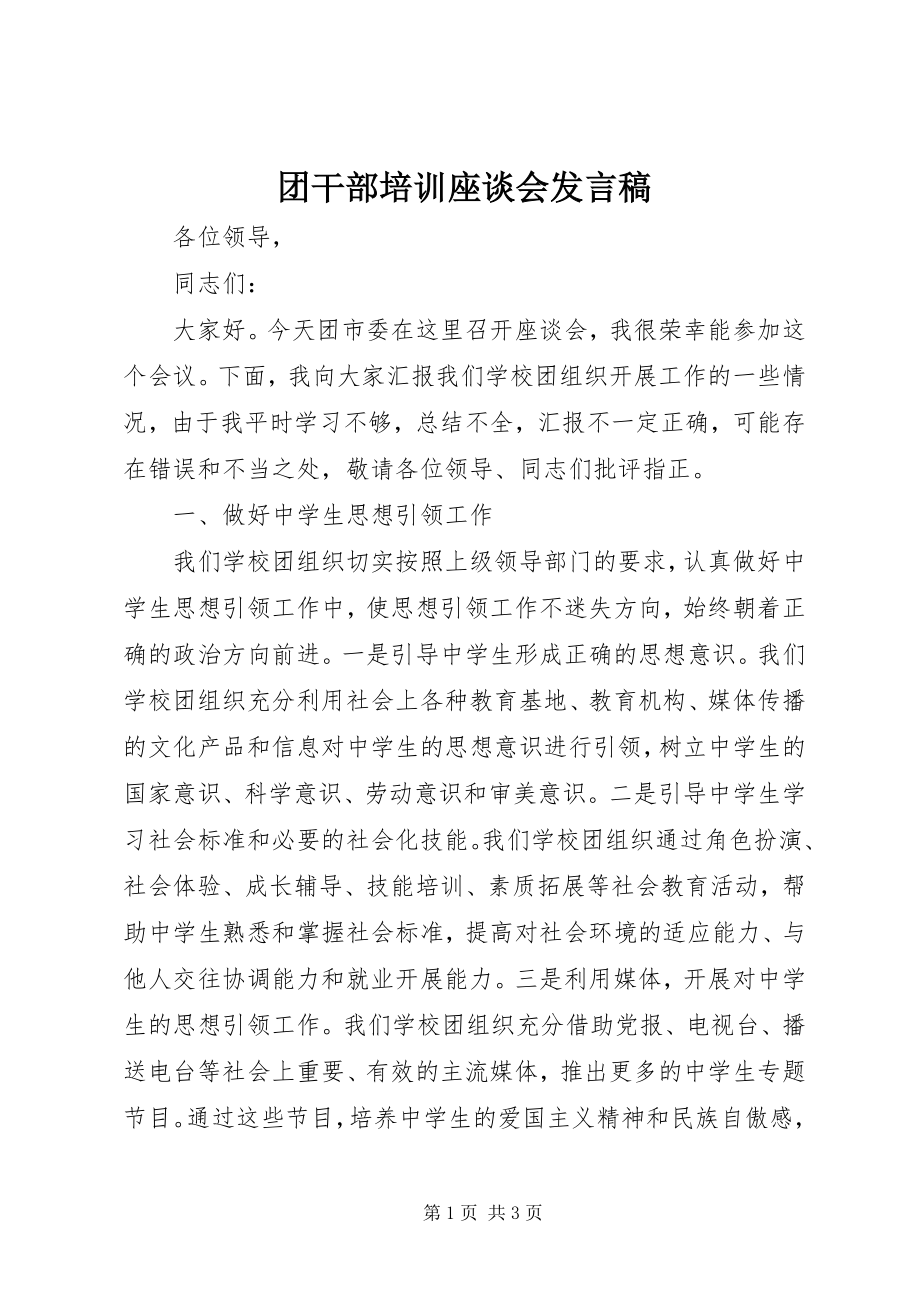 2023年团干部培训座谈会讲话稿.docx_第1页