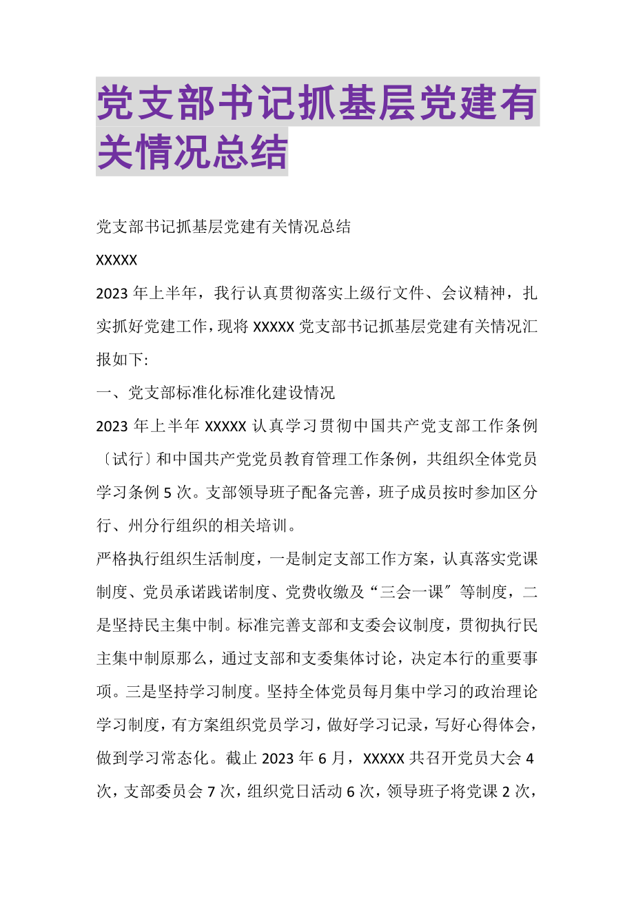 2023年党支部书记抓基层党建有关情况总结.doc_第1页