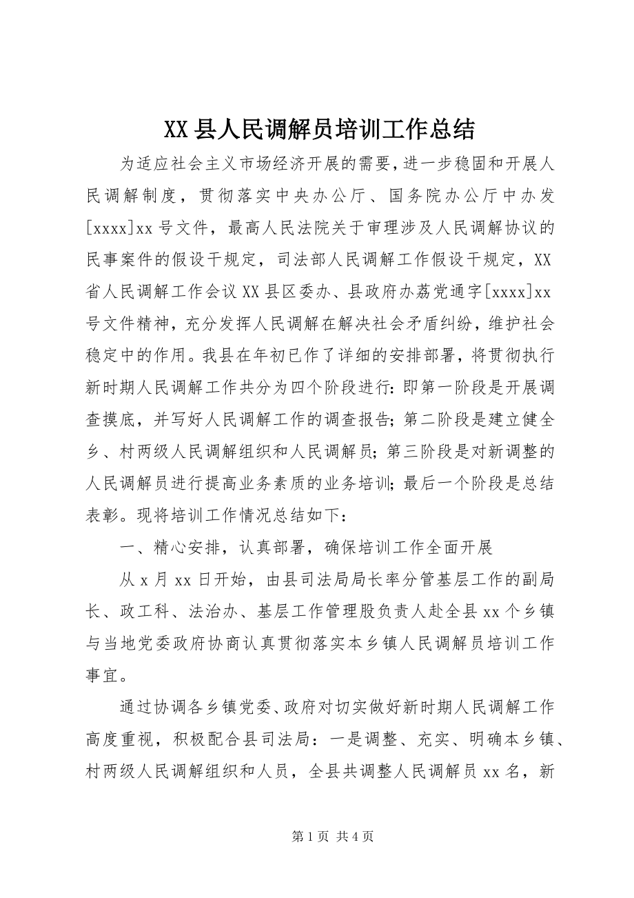 2023年XX县人民调解员培训工作总结新编.docx_第1页