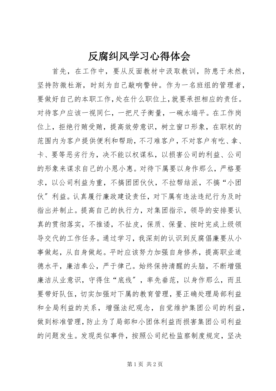 2023年反腐纠风学习心得体会.docx_第1页