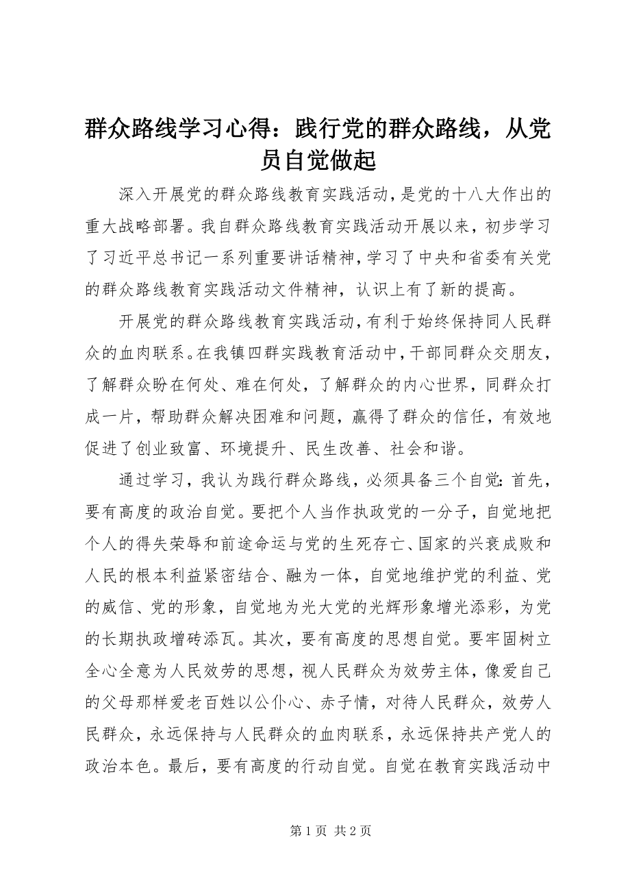 2023年群众路线学习心得践行党的群众路线从党员自觉做起.docx_第1页