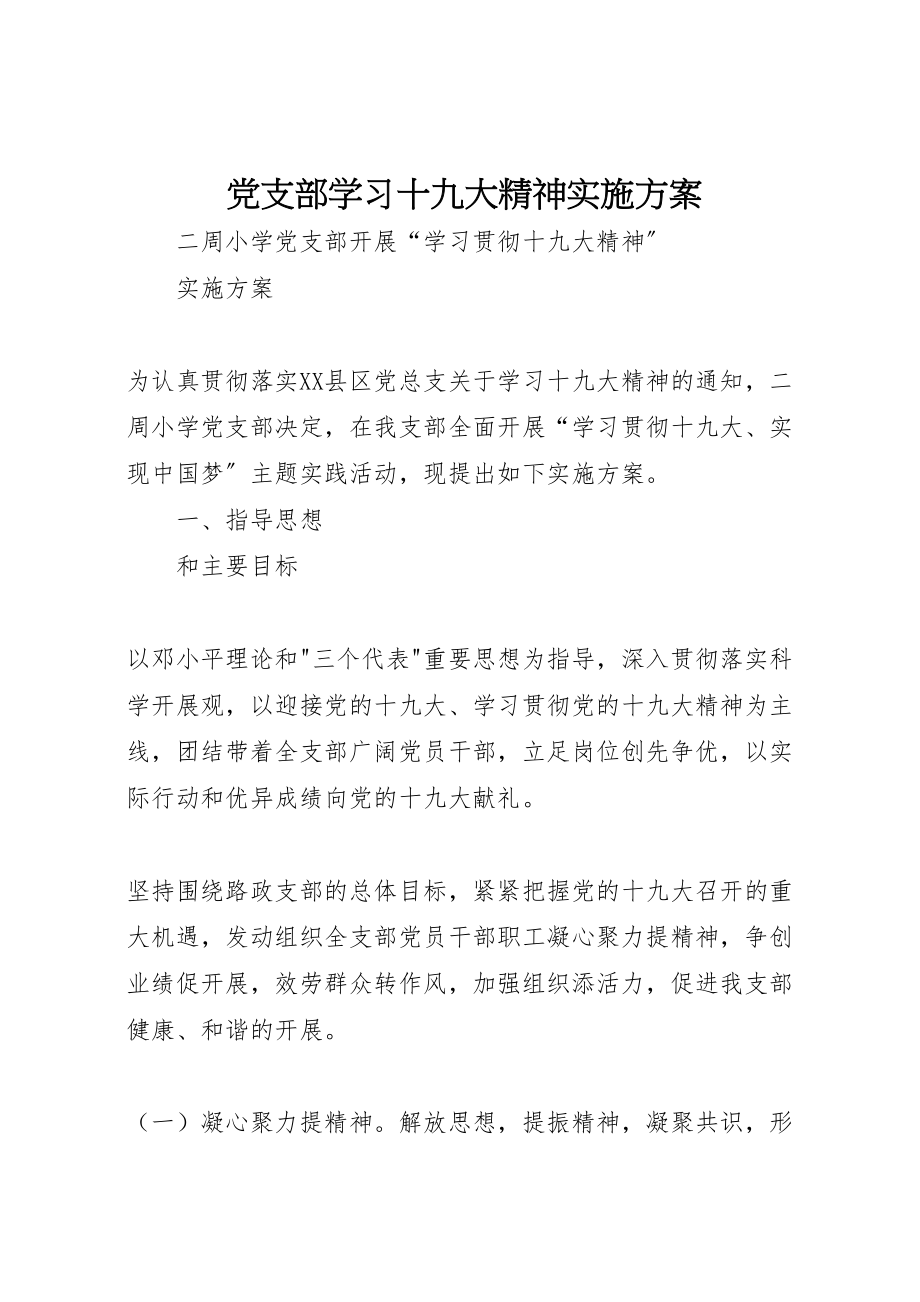 2023年党支部学习十九大精神实施方案.doc_第1页