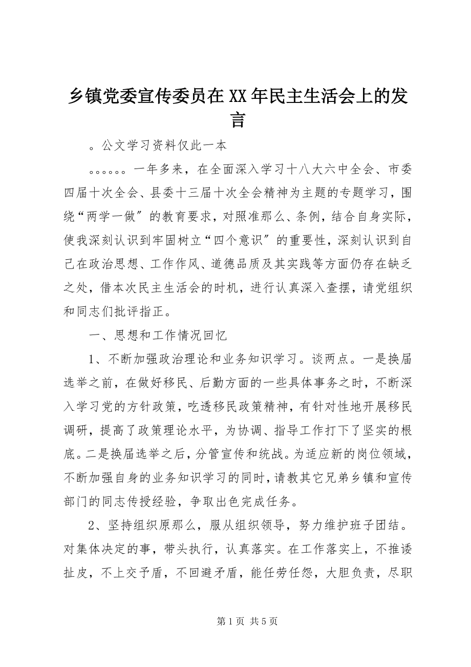 2023年乡镇党委宣传委员在民主生活会上的讲话.docx_第1页