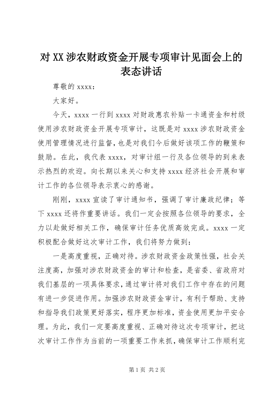 2023年对XX涉农财政资金开展专项审计见面会上的表态致辞.docx_第1页