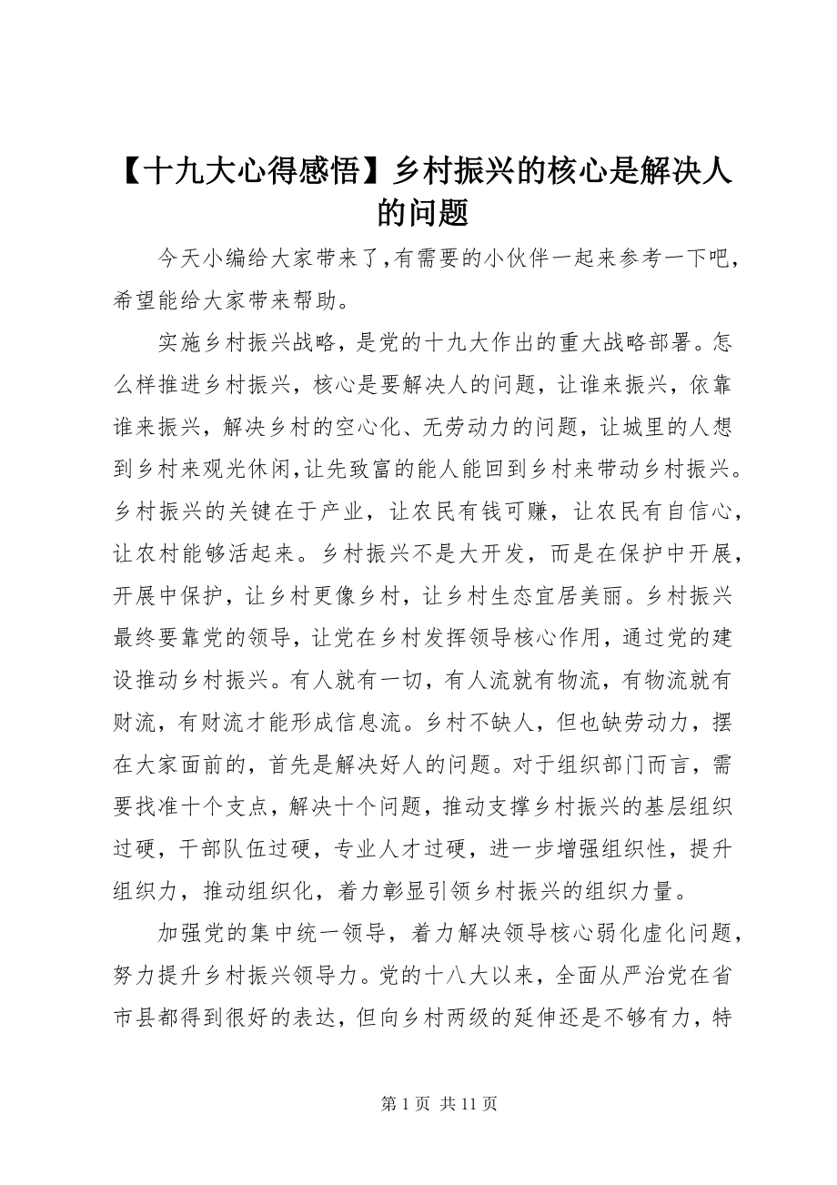 2023年十九大心得感悟乡村振兴的核心是解决人的问题新编.docx_第1页