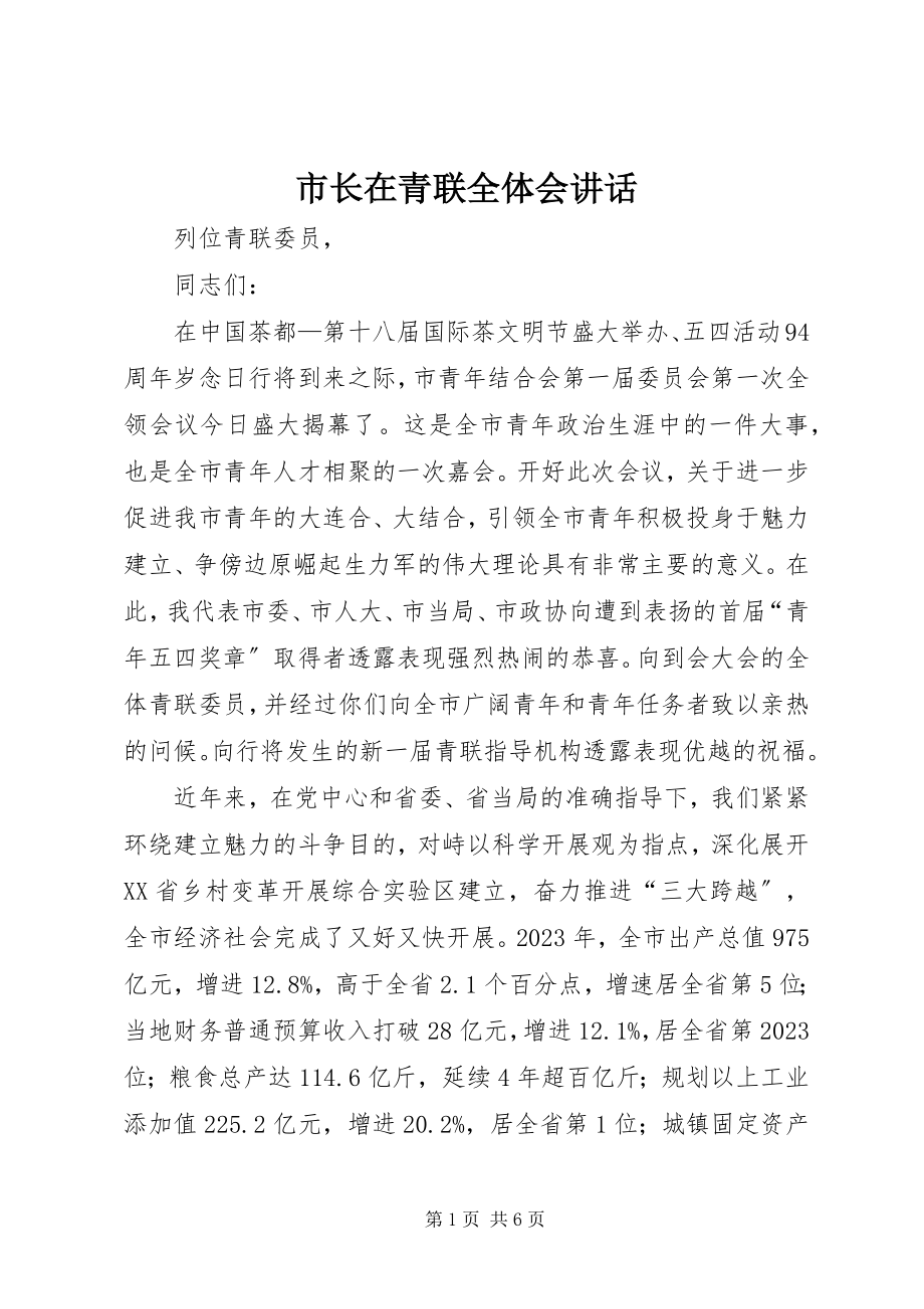 2023年市长在青联全体会致辞.docx_第1页