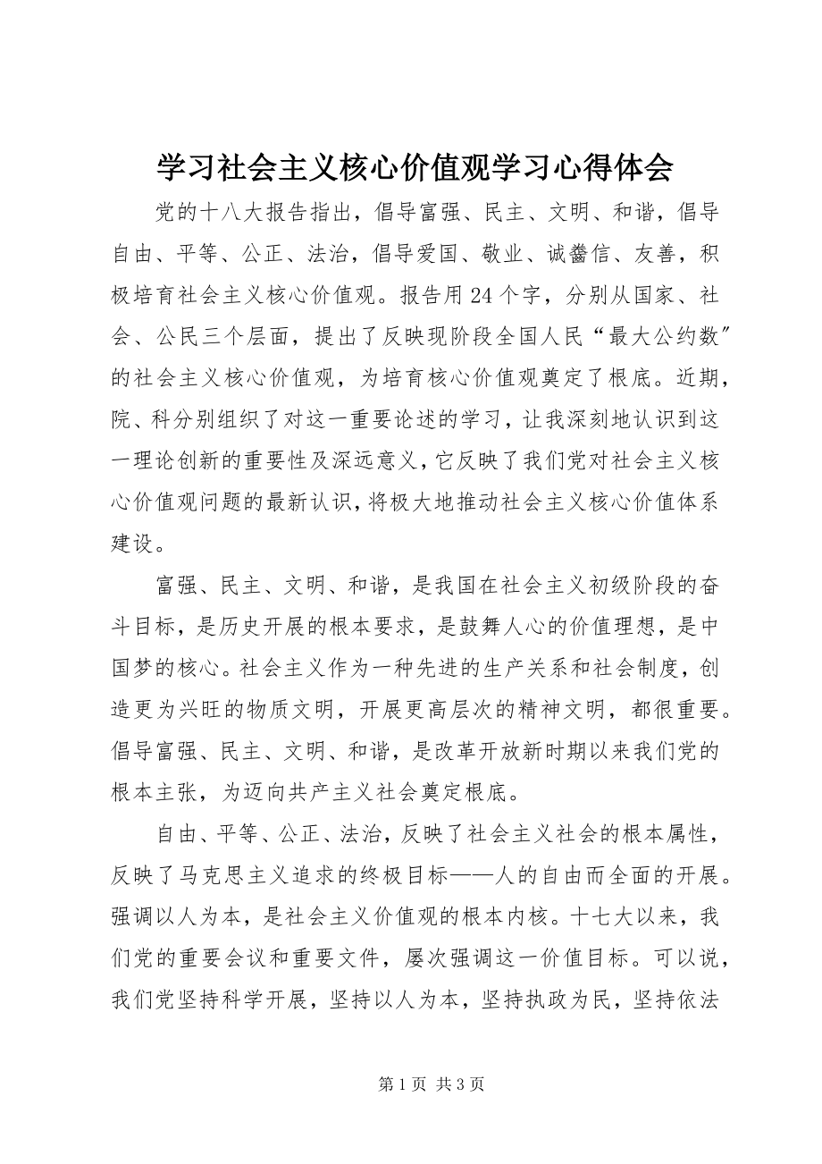 2023年学习社会主义核心价值观学习心得体会.docx_第1页