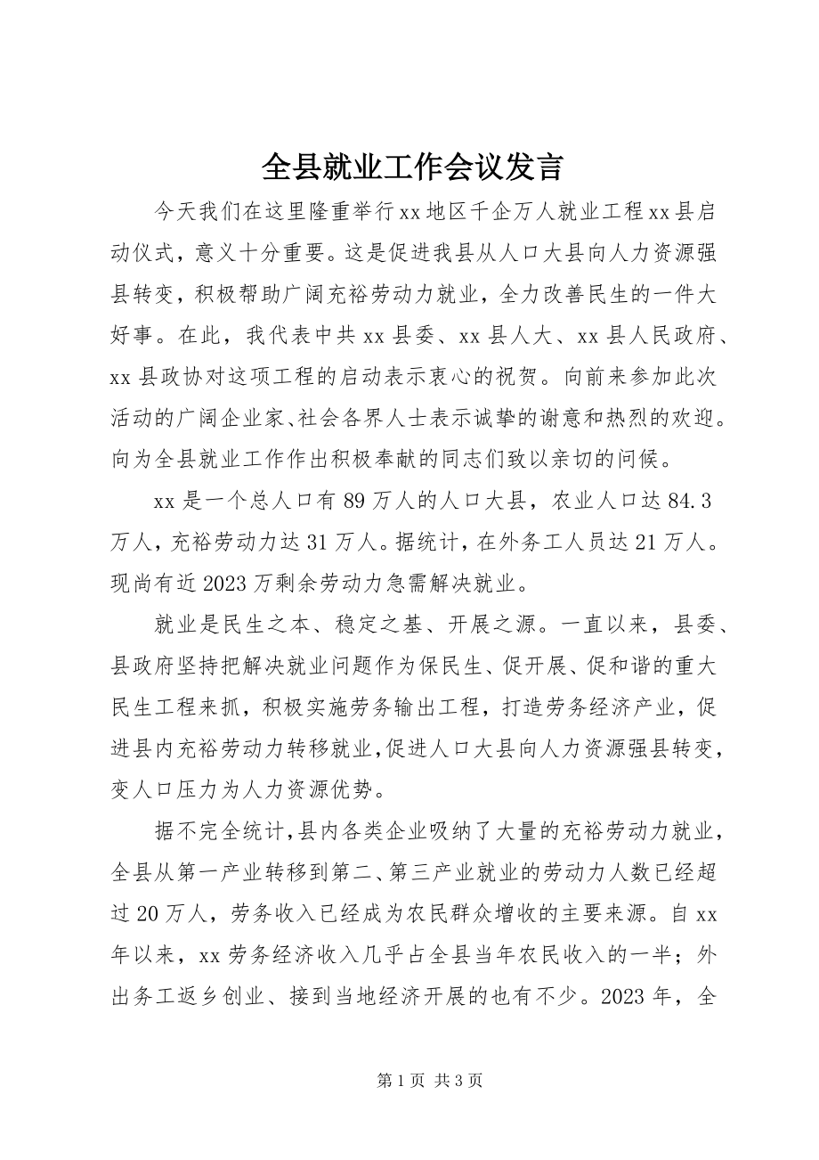 2023年全县就业工作会议讲话.docx_第1页