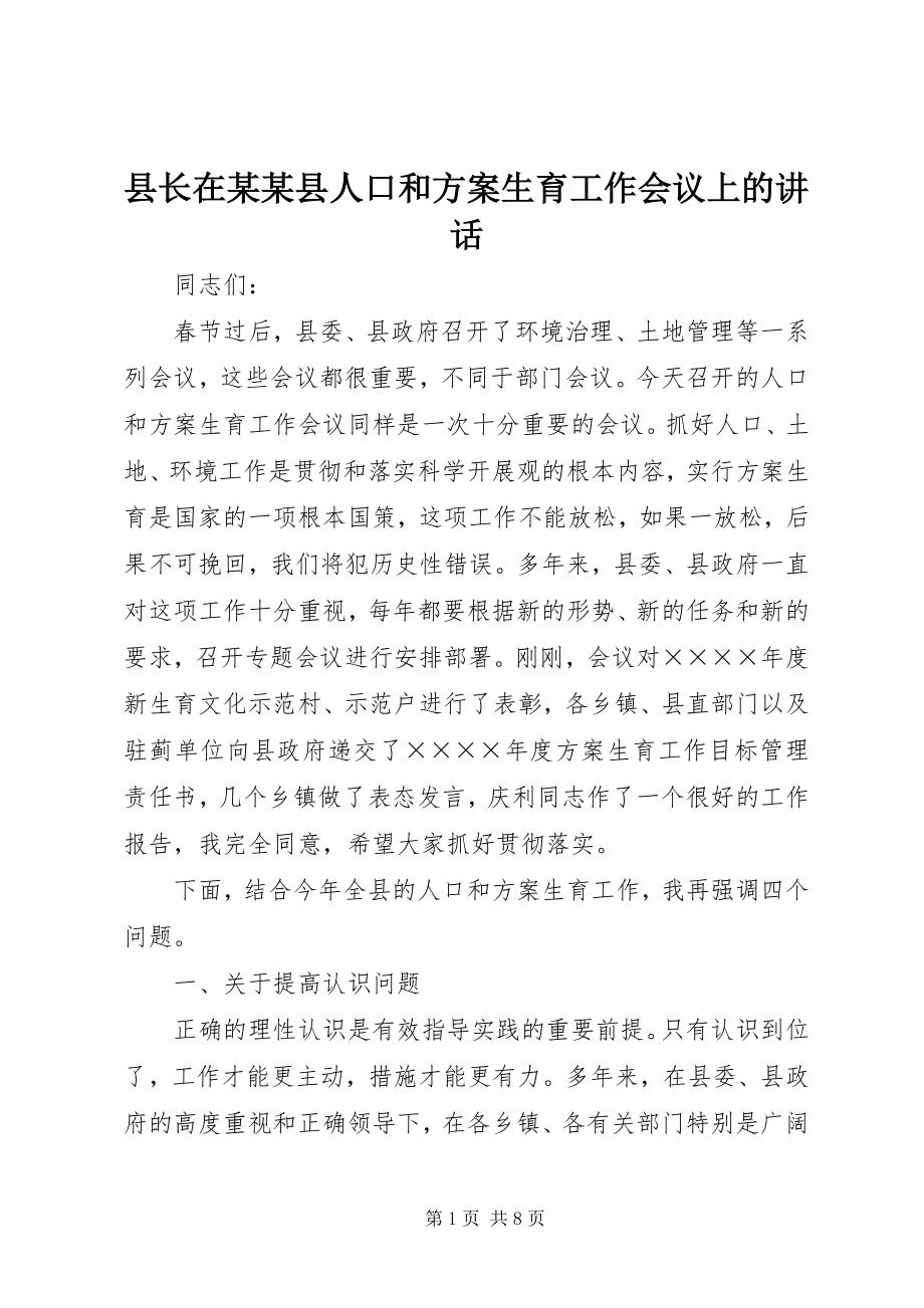 2023年县长在某某县人口和计划生育工作会议上的致辞.docx_第1页